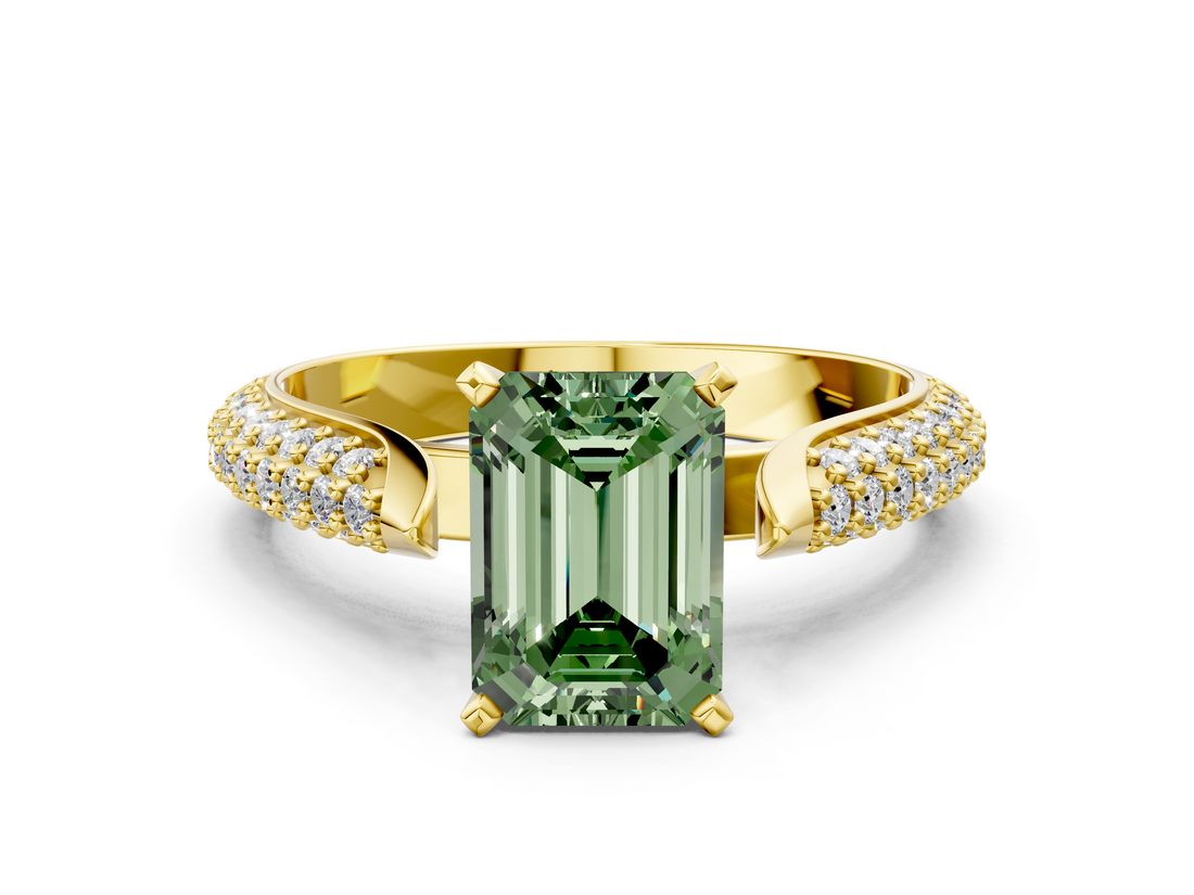 Yellow gold Fancy Green Emerald  Solitaire Pavé Diamond Engagement Ring with Four-Prong Setting_156