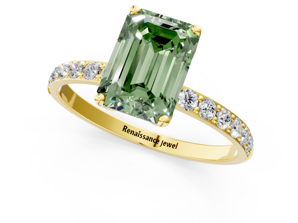 Yellow gold Fancy Green Emerald Cut Diamond Solitaire Engagement Ring with Round  Pavé Band and Prong Setting