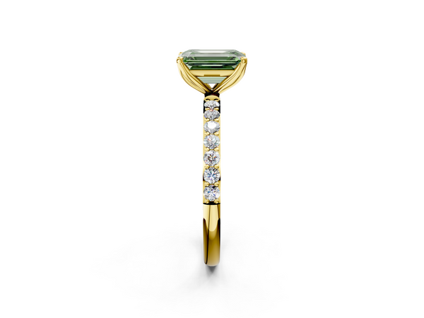 Yellow gold Fancy Green Emerald Cut Diamond Solitaire Engagement Ring with Round  Pavé Band and Prong Setting