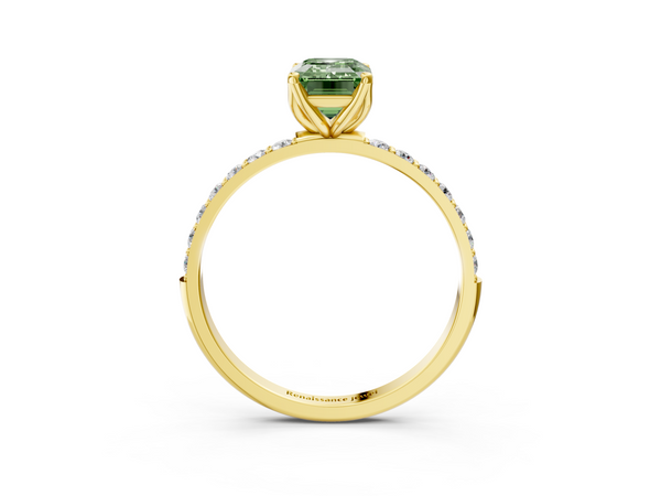 Yellow gold Fancy Green Emerald Cut Diamond Solitaire Engagement Ring with Round  Pavé Band and Prong Setting