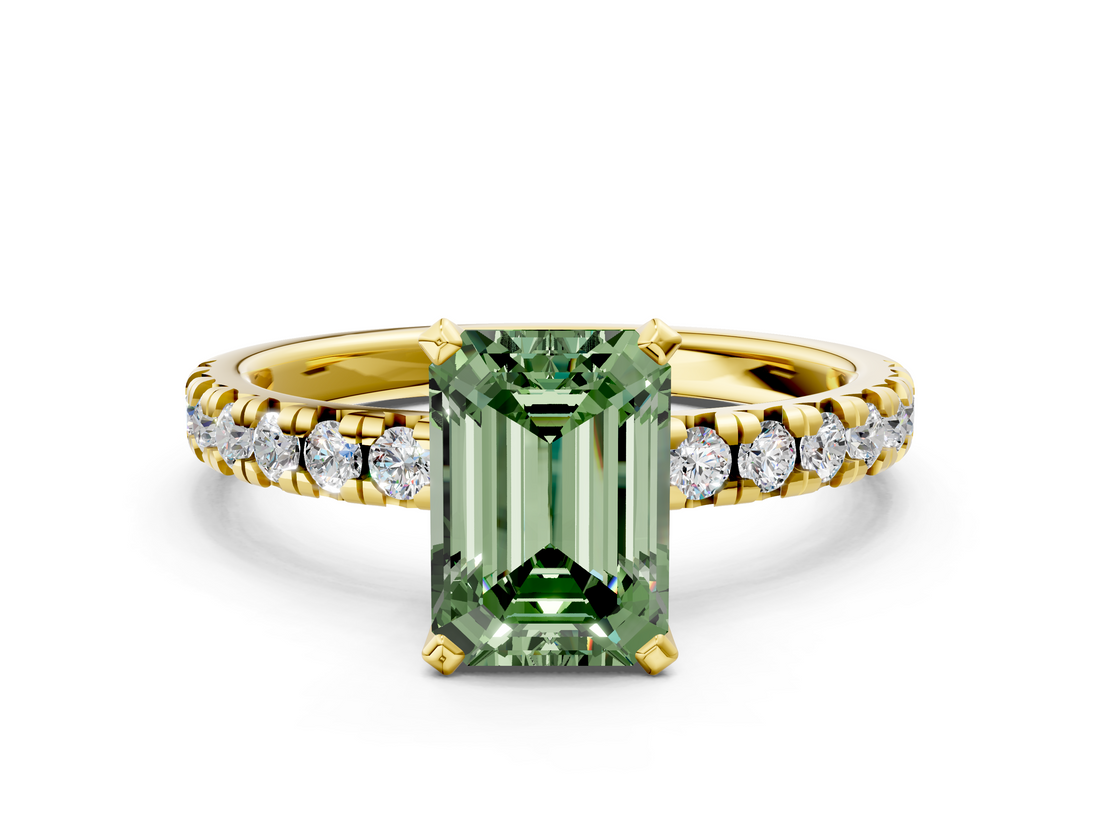 Yellow gold Fancy Green Emerald  Solitaire Pave Diamond Engagement Ring with Four-Prong Setting_340