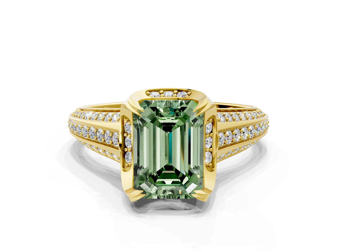 Yellow gold Fancy Green Emerald  Solitaire Pave Split Shank Ring with Four-Prong Setting_87
