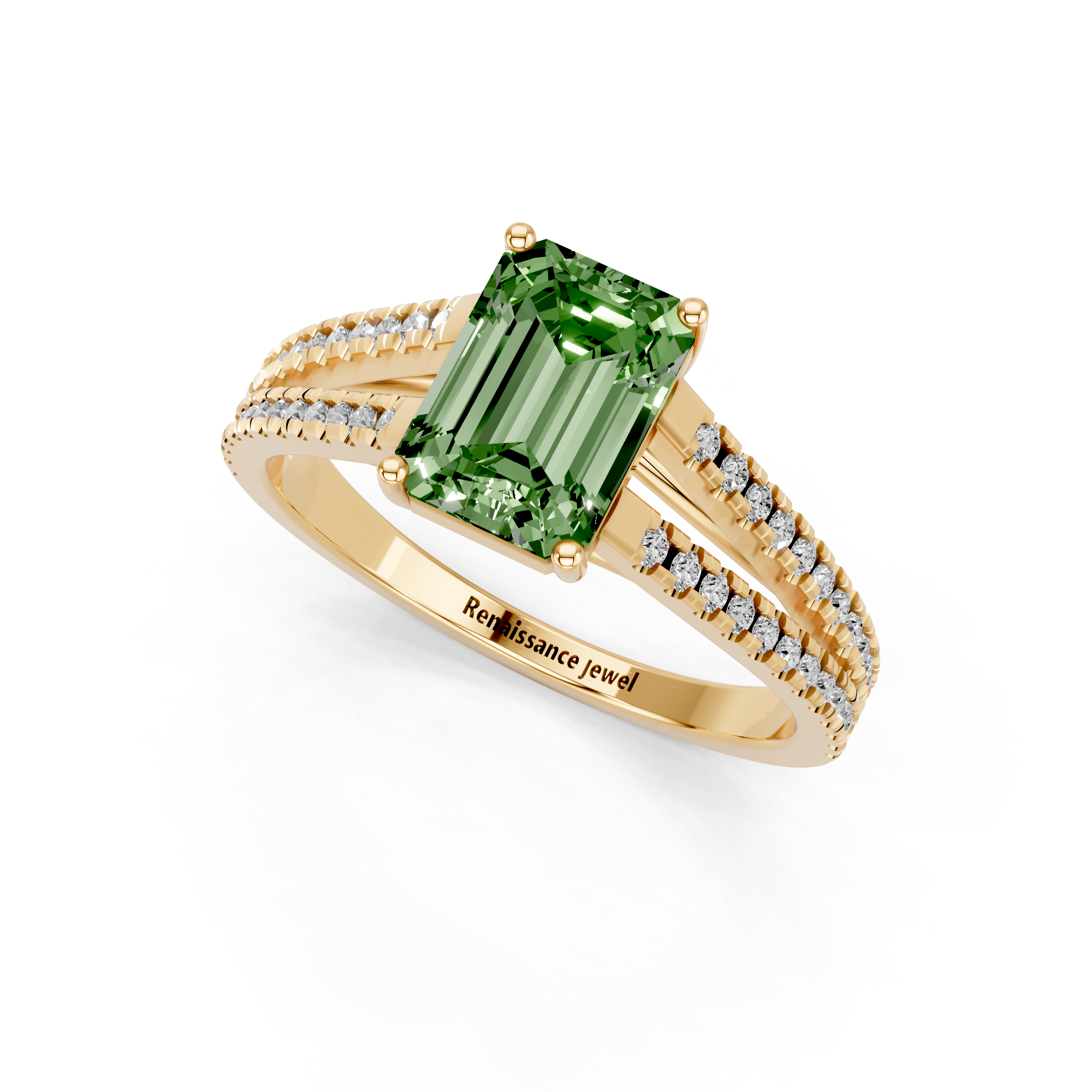 Yellow gold Fancy Green Emerald  Solitaire Split Shank Pavé Diamond Engagement Ring_305