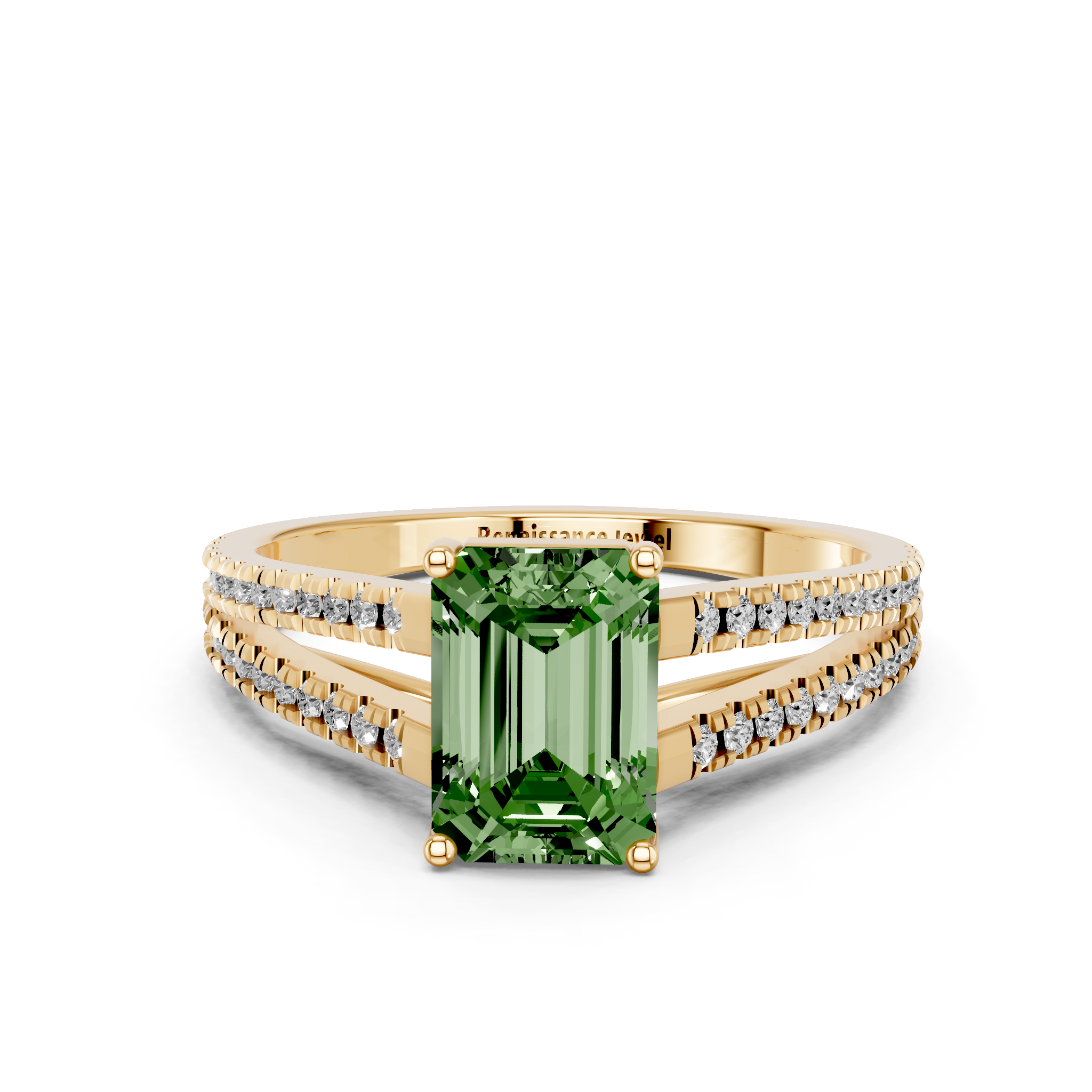 Yellow gold Fancy Green Emerald  Solitaire Split Shank Pavé Diamond Engagement Ring_313