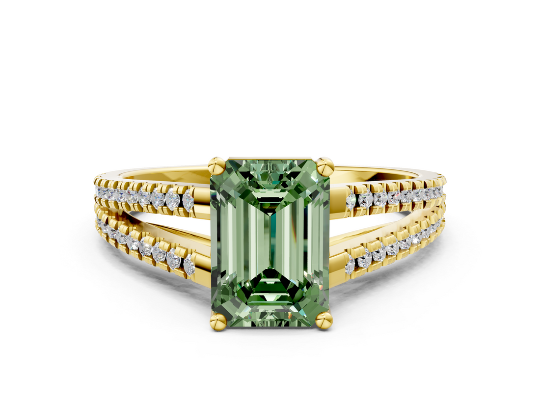 Yellow gold Fancy Green Emerald  Solitaire Split Shank Pavé Diamond Engagement Ring_422