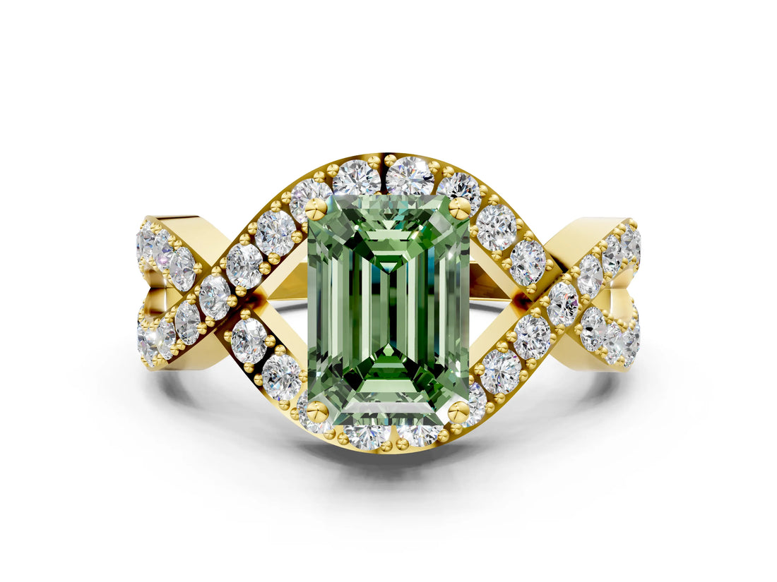 Yellow gold Fancy Green Emerald  Solitaire Twist Band Pavé Diamond Engagement Ring_31