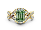 Yellow gold Fancy Green Emerald  Solitaire Twist Band Pavé Diamond Engagement Ring_31