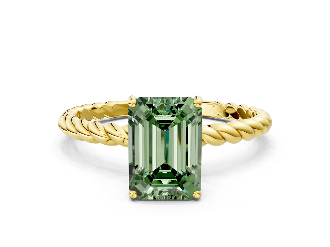 Yellow gold Fancy Green Emerald  Solitaire Twist Band Ring with Four-Prong Setting_92