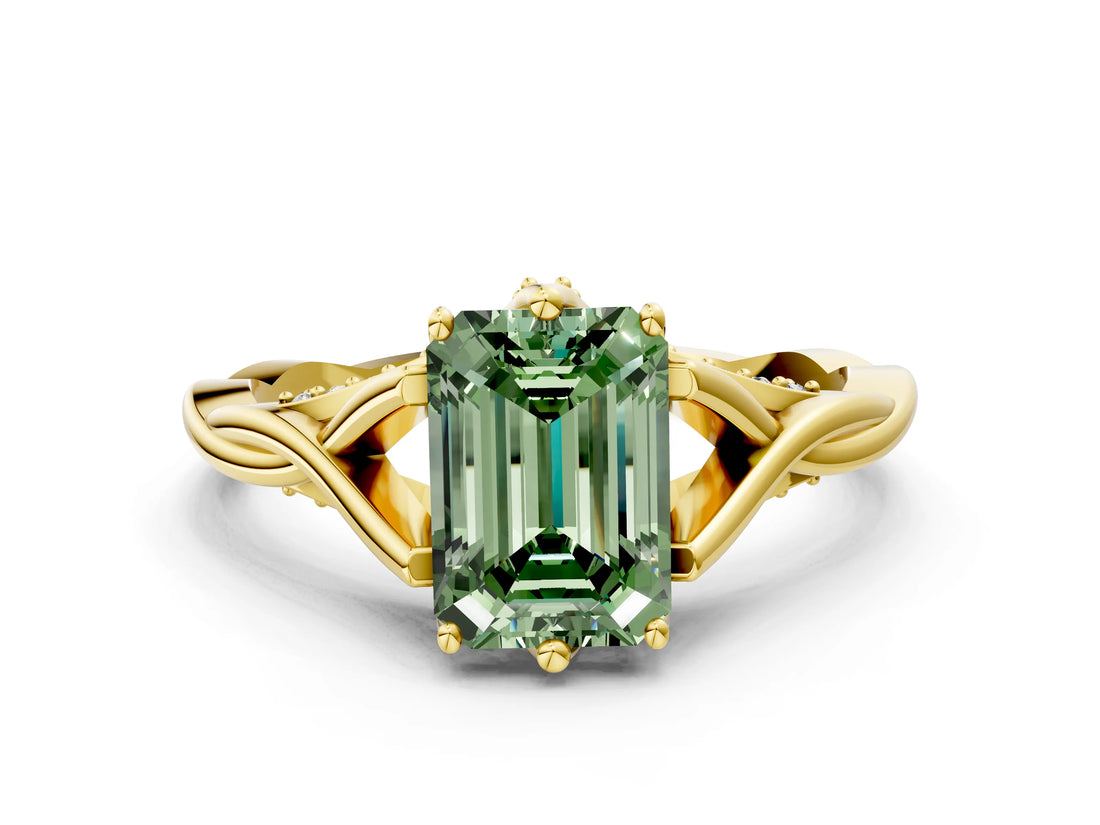 Yellow gold Fancy Green Emerald  Solitaire Twist Band Six-Prong Setting 1