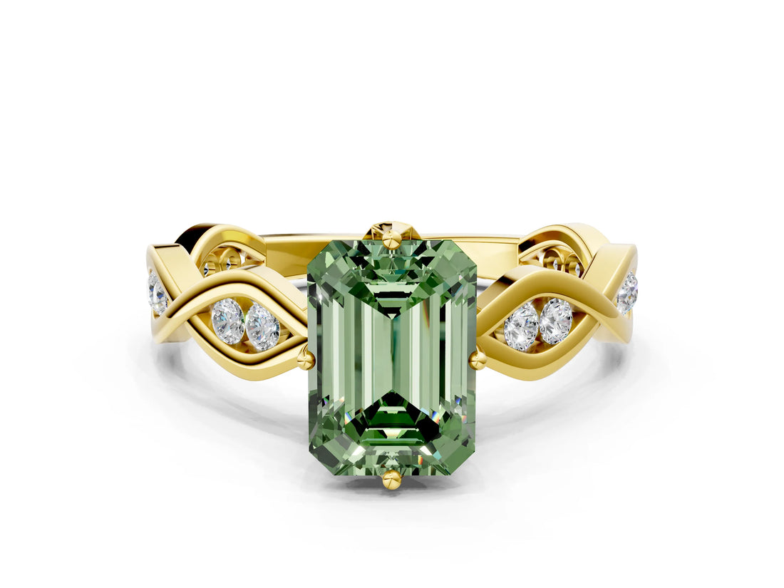 Yellow gold Fancy Green Emerald  Solitaire Twist Band with Leaf Prong Setting 2