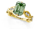 Yellow gold Fancy Green Emerald  Solitaire Twist Band with Leaf Prong Setting 3