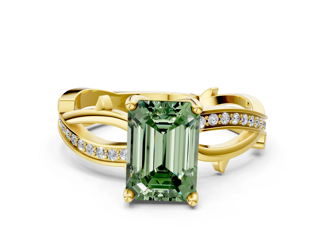 Yellow gold Fancy Green Emerald  Solitaire Twist Band with Pavé Accents and Four-Prong Setting_21