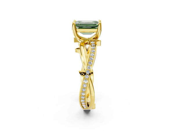 Yellow gold Fancy Green Emerald  Solitaire Twist Band with Pavé Accents and Four-Prong Setting