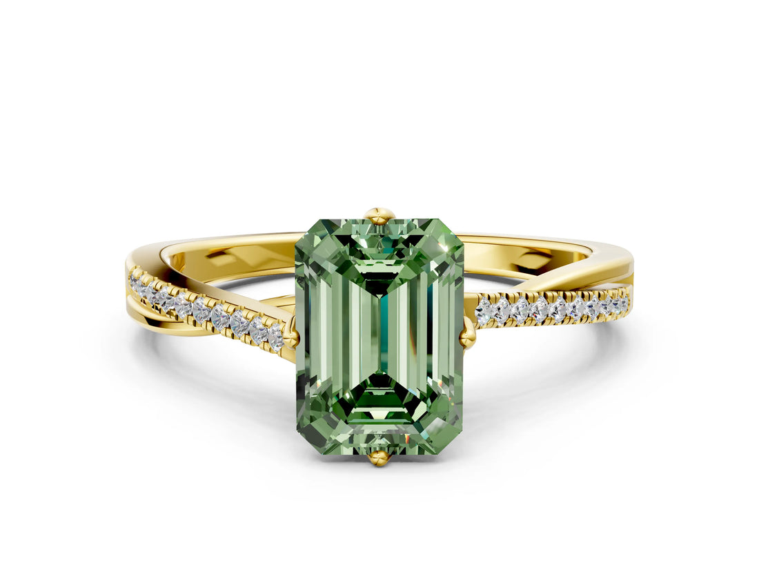Yellow gold Fancy Green Emerald  Solitaire Twist Band with Pavé Diamonds and Four-Prong Setting_53