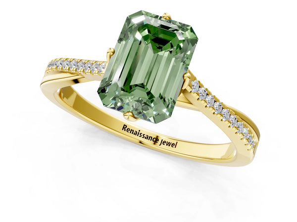 Yellow gold Fancy Green Emerald  Solitaire Twist Band with Pavé Diamonds and Four-Prong Setting