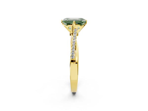 Yellow gold Fancy Green Emerald  Solitaire Twist Band with Pavé Diamonds and Four-Prong Setting