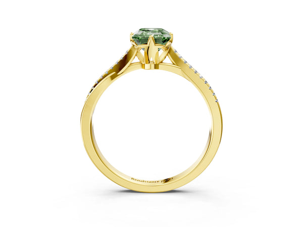 Yellow gold Fancy Green Emerald  Solitaire Twist Band with Pavé Diamonds and Four-Prong Setting