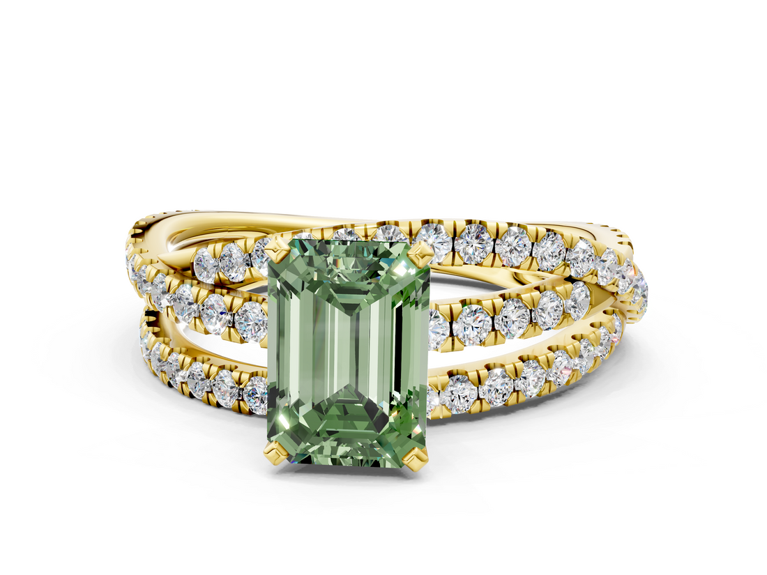 Yellow gold Fancy Green Emerald  Solitaire Twist Band with Pavé Setting and Four-Prong Setting_115