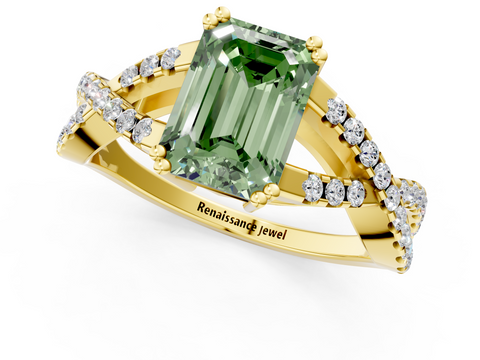 Yellow gold Fancy Green Emerald  Solitaire Twist Band with Pavé Setting and Four-Prong Setting_18