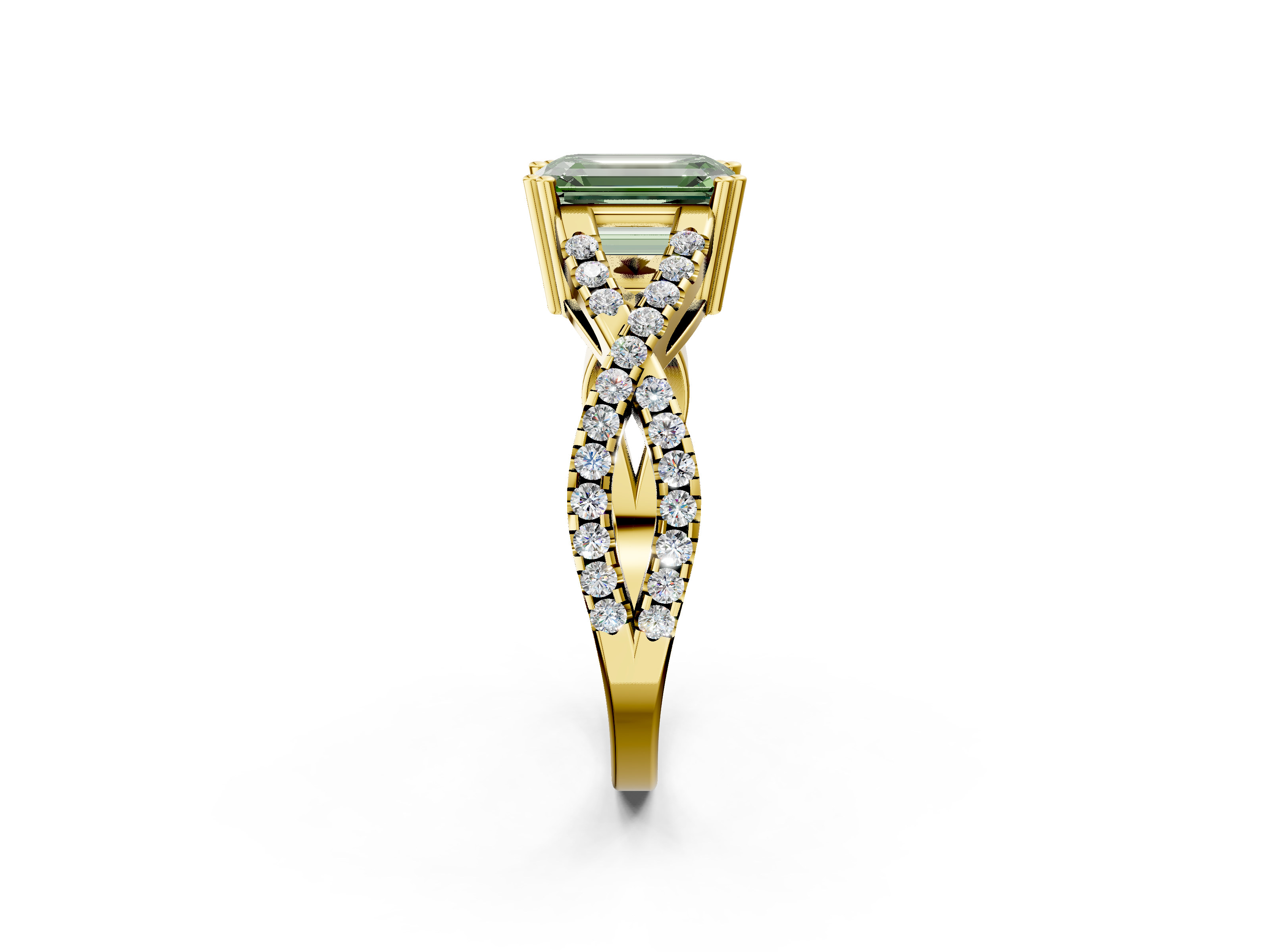 Yellow gold Fancy Green Emerald  Solitaire Twist Band with Pavé Setting and Four-Prong Setting_19