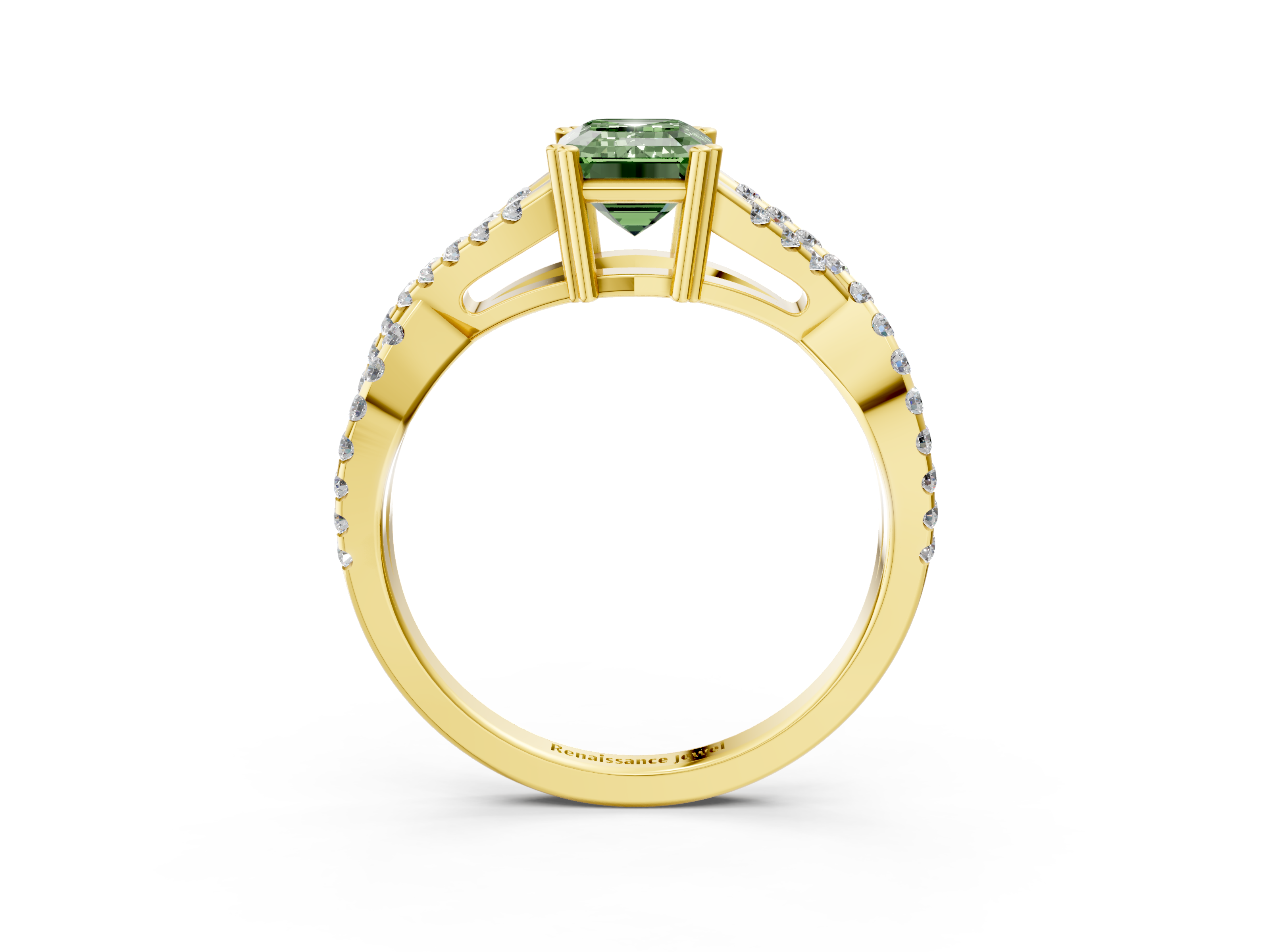 Yellow gold Fancy Green Emerald  Solitaire Twist Band with Pavé Setting and Four-Prong Setting_20