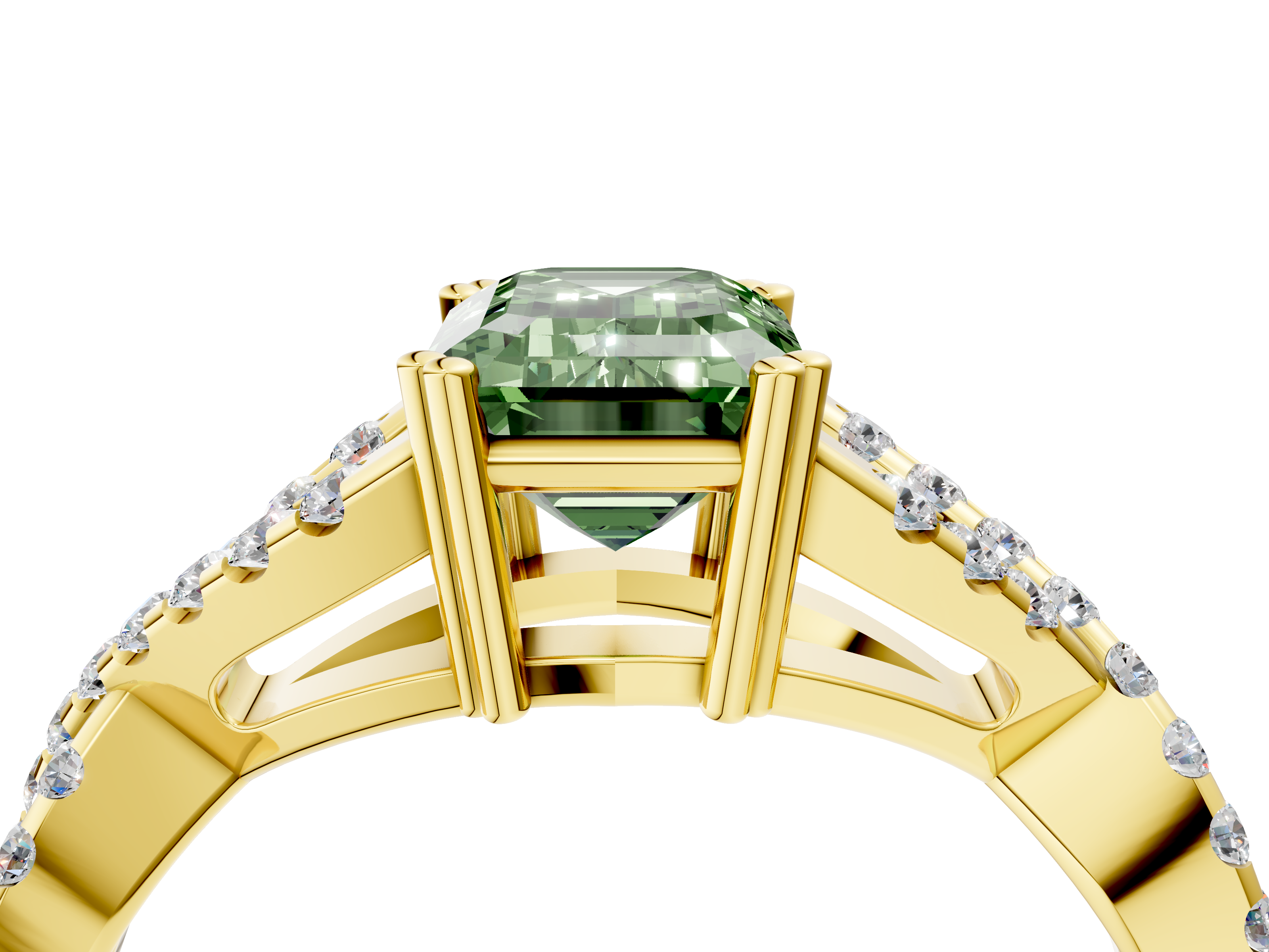 Yellow gold Fancy Green Emerald  Solitaire Twist Band with Pavé Setting and Four-Prong Setting_21