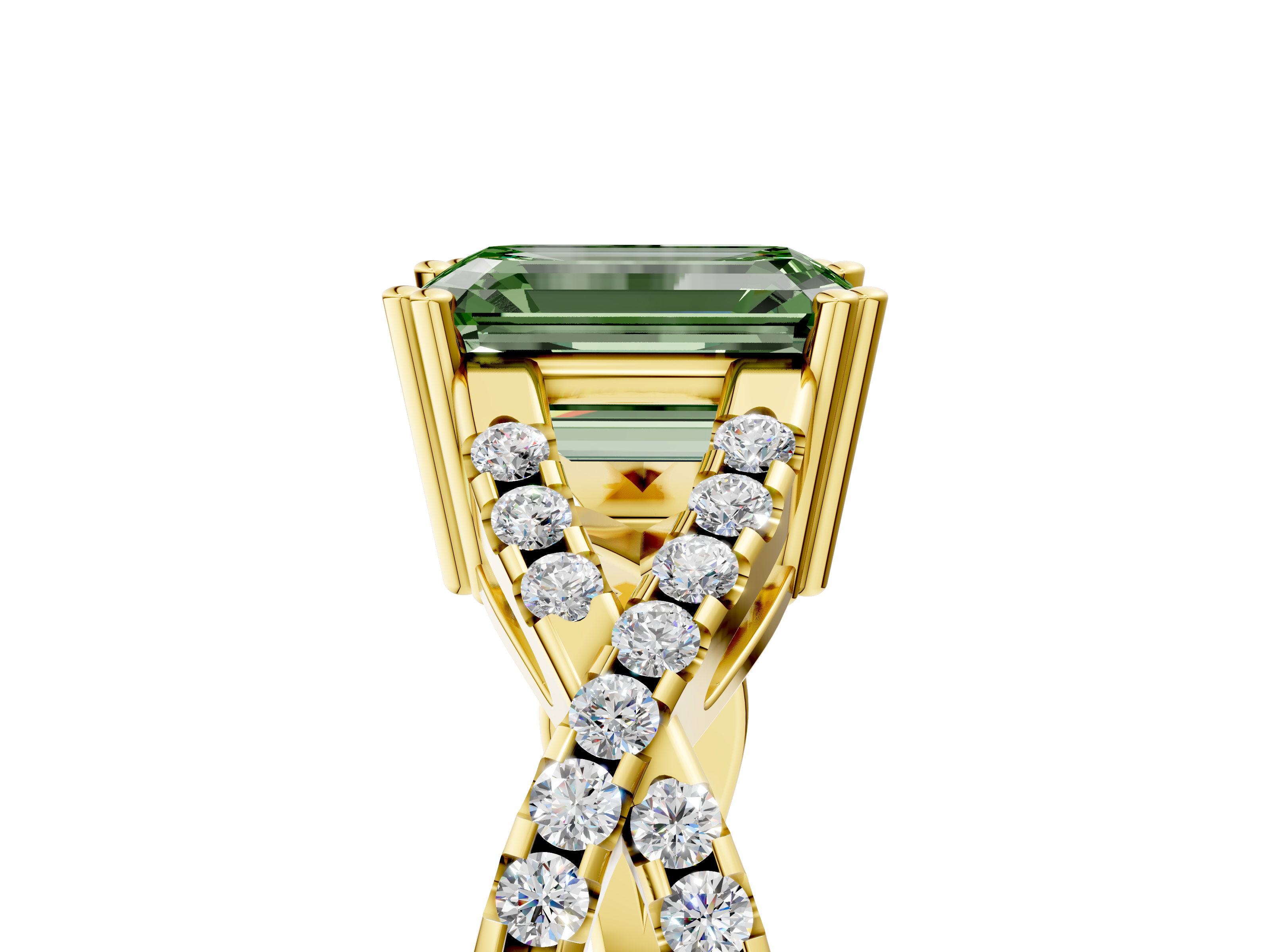 Yellow gold Fancy Green Emerald  Solitaire Twist Band with Pavé Setting and Four-Prong Setting_22