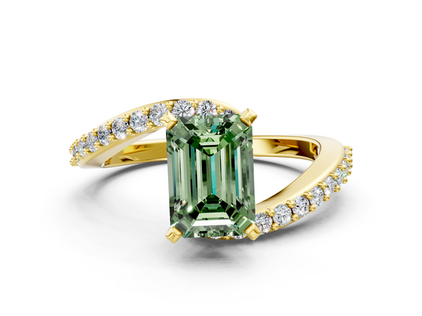 Yellow gold Fancy Green Emerald  Solitaire Twist Band with Pave Set Diamonds and Four-Prong Setting