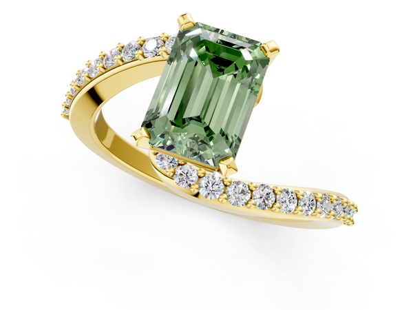 Yellow gold Fancy Green Emerald  Solitaire Twist Band with Pave Set Diamonds and Four-Prong Setting