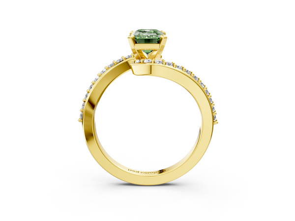 Yellow gold Fancy Green Emerald  Solitaire Twist Band with Pave Set Diamonds and Four-Prong Setting
