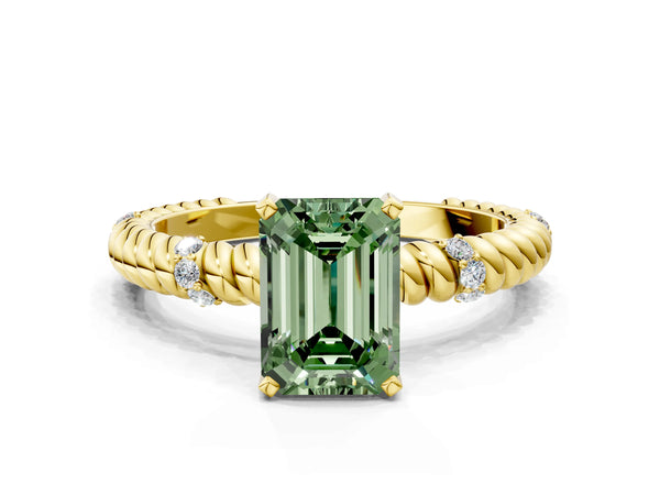 Yellow gold Fancy Green Emerald  Solitaire Twisted Band Prong Set Engagement Ring