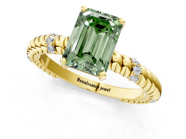 Yellow gold Fancy Green Emerald  Solitaire Twisted Band Prong Set Engagement Ring