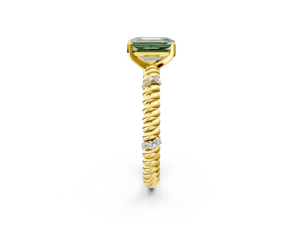 Yellow gold Fancy Green Emerald  Solitaire Twisted Band Prong Set Engagement Ring