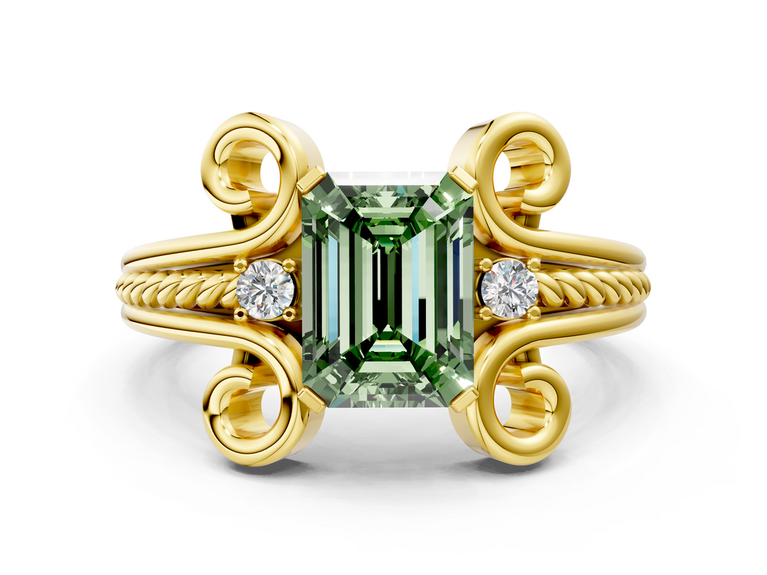 Yellow gold Fancy Green Emerald  Solitaire Twisted Band Scroll Prong Ring_3