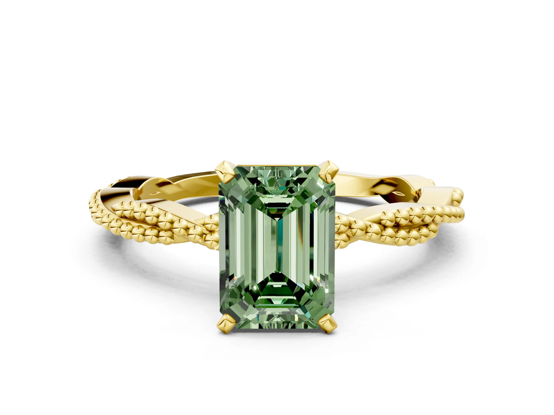 Yellow gold Fancy Green Emerald  Solitaire Twisted Band with Bead Prong Setting_279