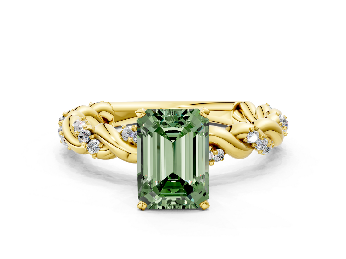 Yellow gold Fancy Green Emerald  Solitaire Twisted Band with Pavé Accents and Four-Prong Setting_3