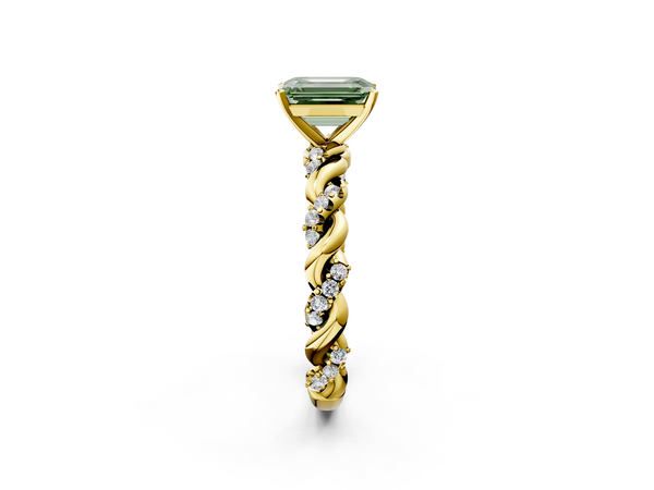 Yellow gold Fancy Green Emerald Cut Diamond Solitaire Ring with Twisted Band and Pavé Accents