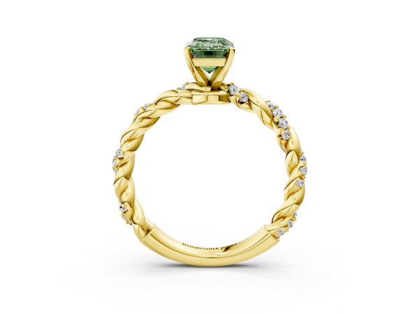 Yellow gold Fancy Green Emerald Cut Diamond Solitaire Ring with Twisted Band and Pavé Accents