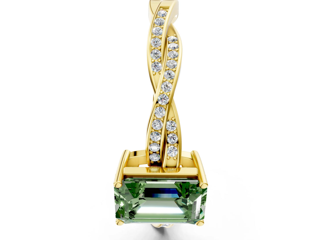 Yellow gold Fancy Green Emerald  Solitaire Twisted Pave Diamond Ring with Four-Prong Setting_12