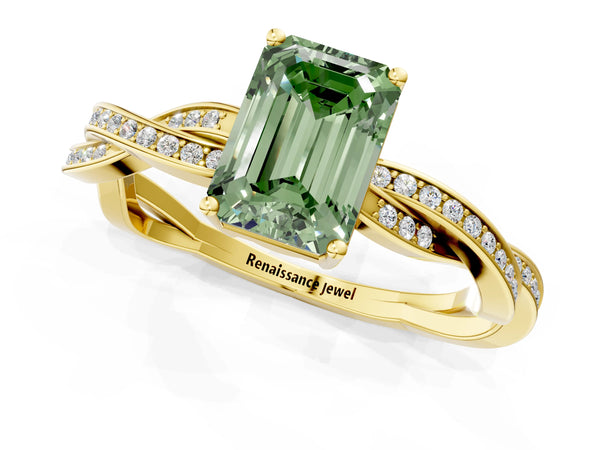 Yellow gold Fancy Green Emerald  Solitaire Twisted Pave Diamond Ring with Four-Prong Setting