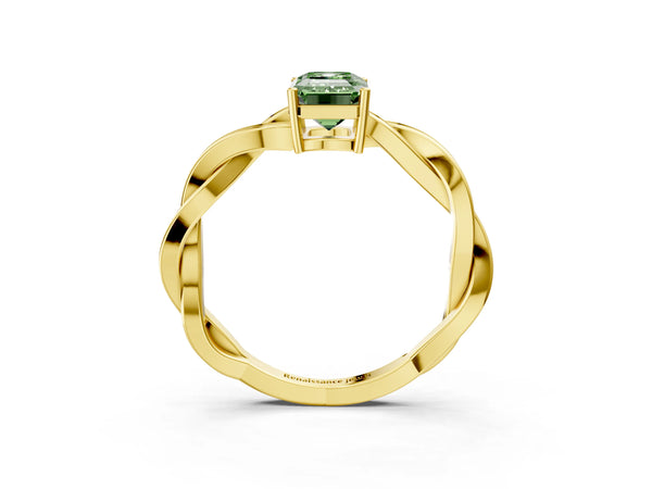 Yellow gold Fancy Green Emerald  Solitaire Twisted Pave Diamond Ring with Four-Prong Setting