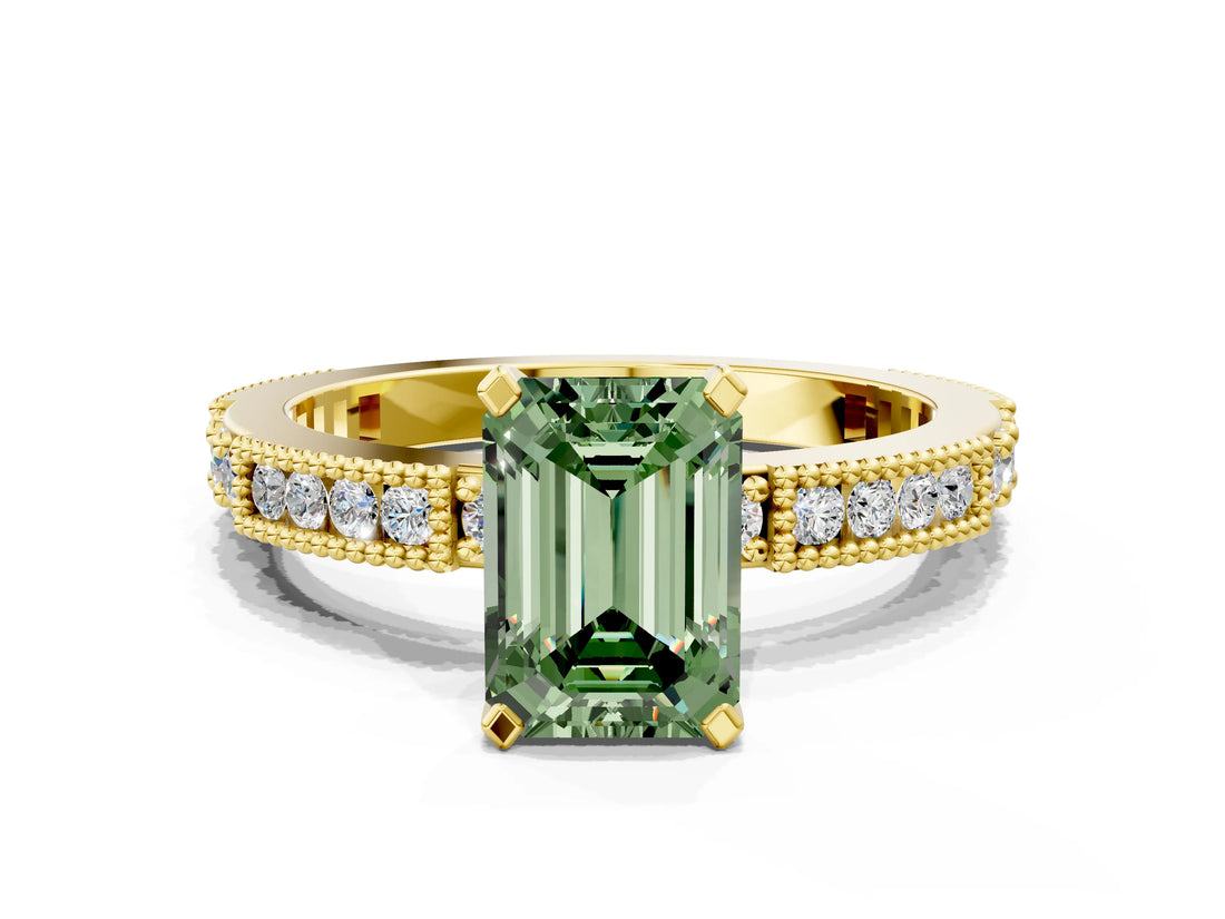 Yellow gold Fancy Green Emerald  Solitaire with Pavé Band and Four-Prong Setting_331