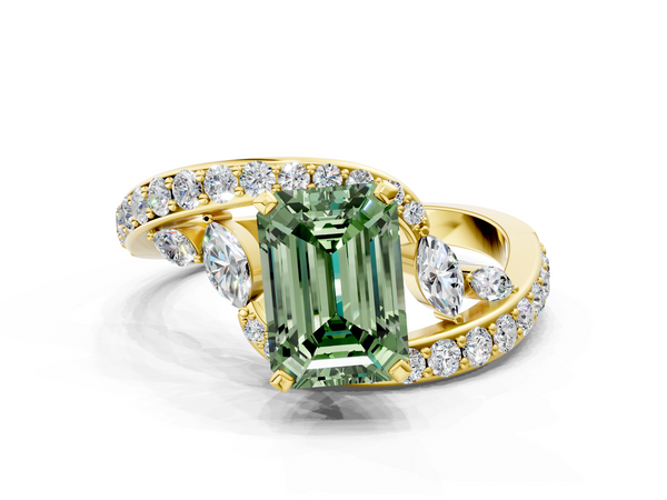 Yellow gold Fancy Green Emerald  Solitaire with Pavé Twist Band and Four-Prong Setting