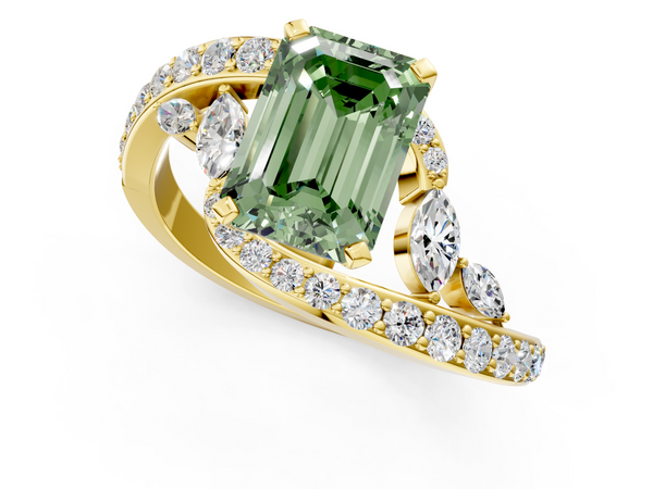 Yellow gold Fancy Green Emerald  Solitaire with Pavé Twist Band and Four-Prong Setting