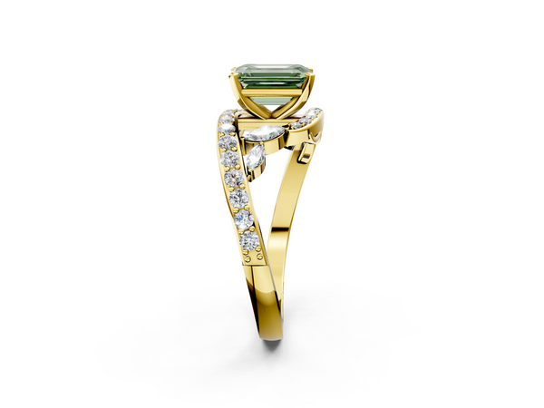 Yellow gold Fancy Green Emerald  Solitaire with Pavé Twist Band and Four-Prong Setting