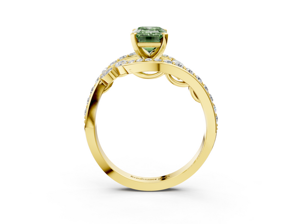 Yellow gold Fancy Green Emerald  Solitaire with Pavé Twist Band and Four-Prong Setting