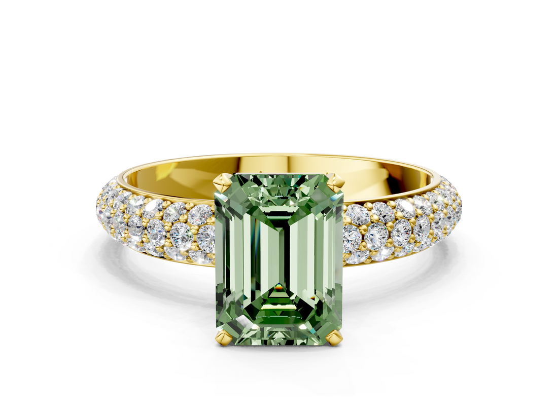 Yellow gold Fancy Green Emerald  Solitaire with Pave Band and Four-Prong Setting_3
