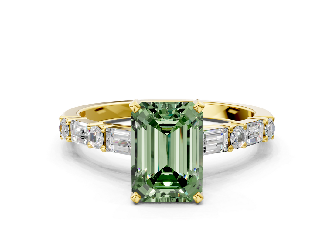 Yellow gold Fancy Green Emerald  Solitaire with Side Baguettes and Channel Set Band_61