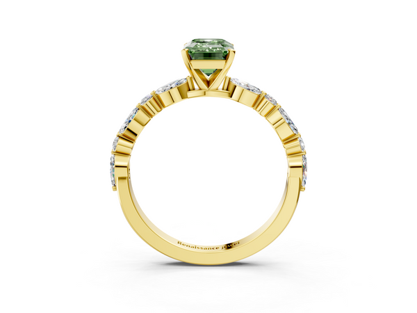 Yellow Gold Emerald Cut Engagement Ring Setting for Fancy Green Center with Mixed Marquise Accents