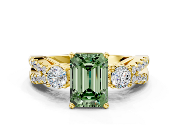 Yellow gold Fancy Green Emerald Cut Diamond Three-Stone Ring with Pavé Split Shank and Four-Prong Setting